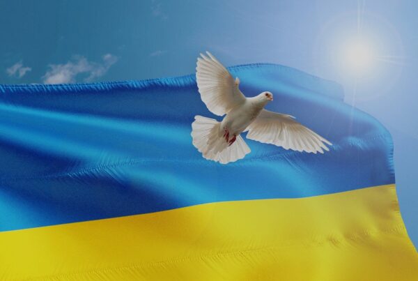 Hilfe für die Ukraine: Vor blauem Himmel und der ukrainischen Flagge schwingt sich eine Friedenstaube in die Lüfte.